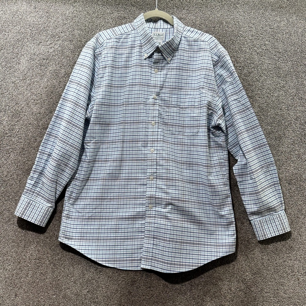 LL Bean Slightly Fitted Plaid Button Up Shirt Men 16 1/2 33 Blue Long Sleeve